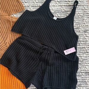 Target Wild Fable Black Waffle Knit Swim Coverup Tank & Shorts Set